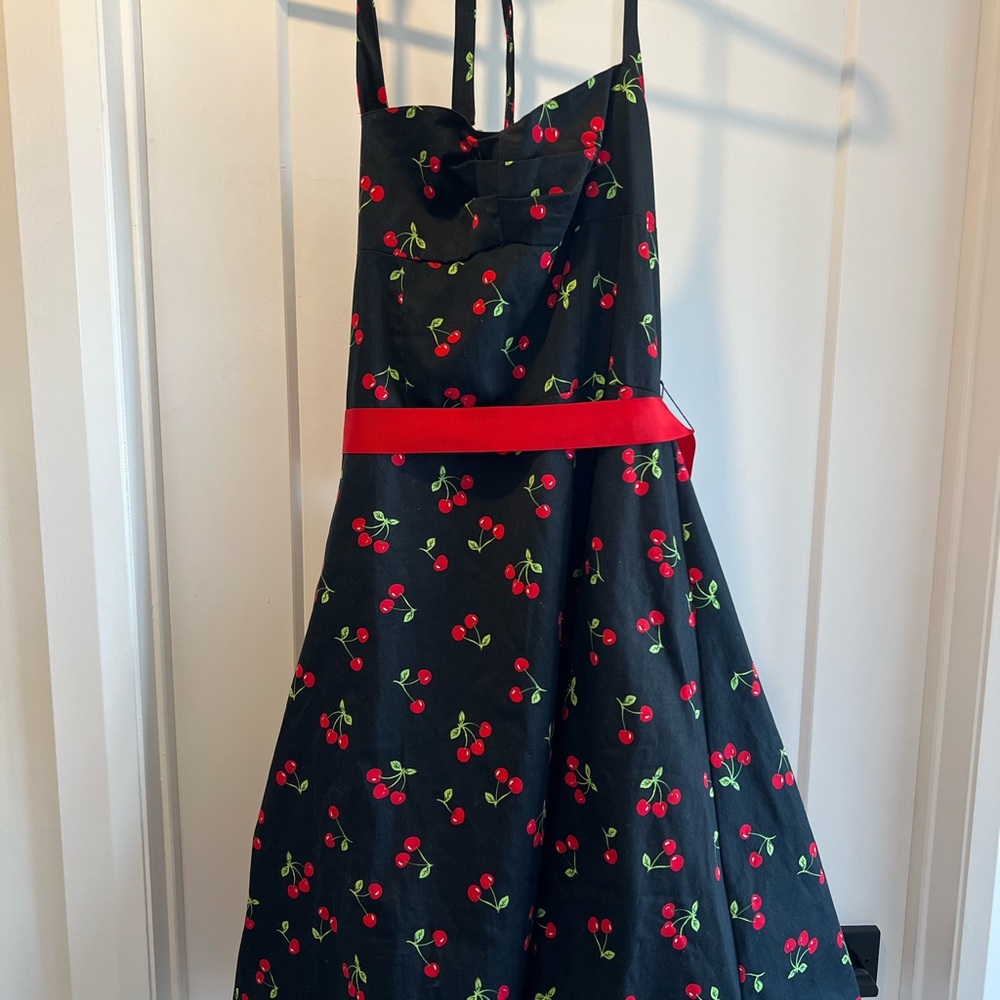 Girls Black Cherry Print Dress with Red Waist Tie